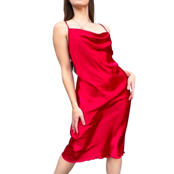 Bebe Y2K-Inspired Red Satin Cowl Neck Midi Slip Dress Size Medium NEW - Picture 15 of 15